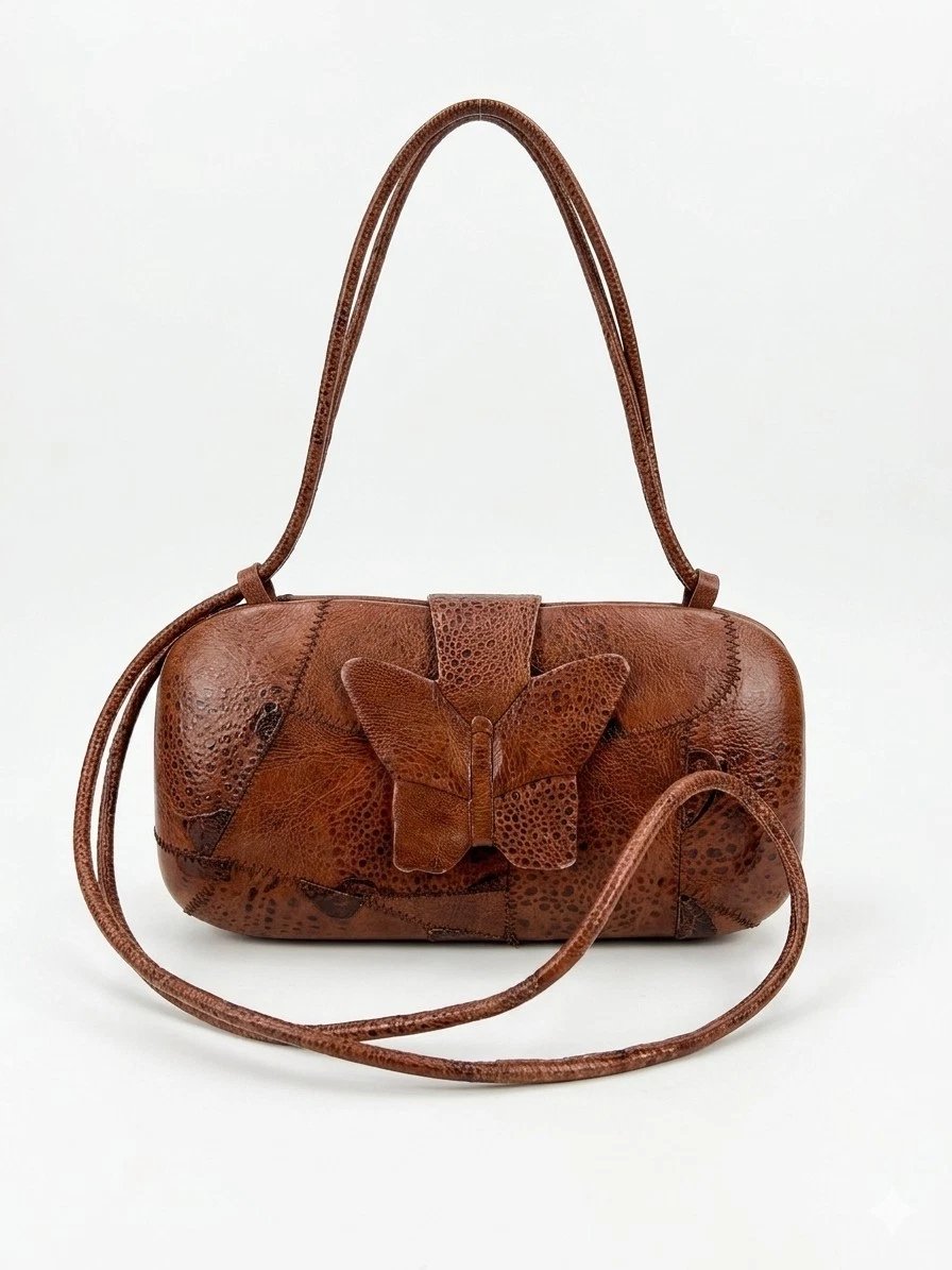Sac vintage Yves Saint Laurent (YSL) en cuir à patchwork papillon 1970