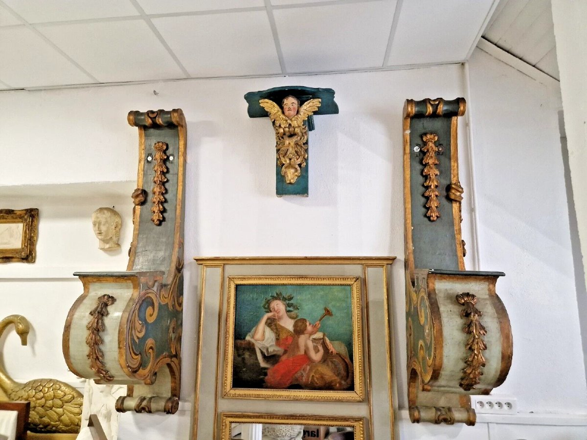 Paire de consoles en bois doré du XVIIIe siècle, étagères anciennes italiennes de style rococo -photo-4