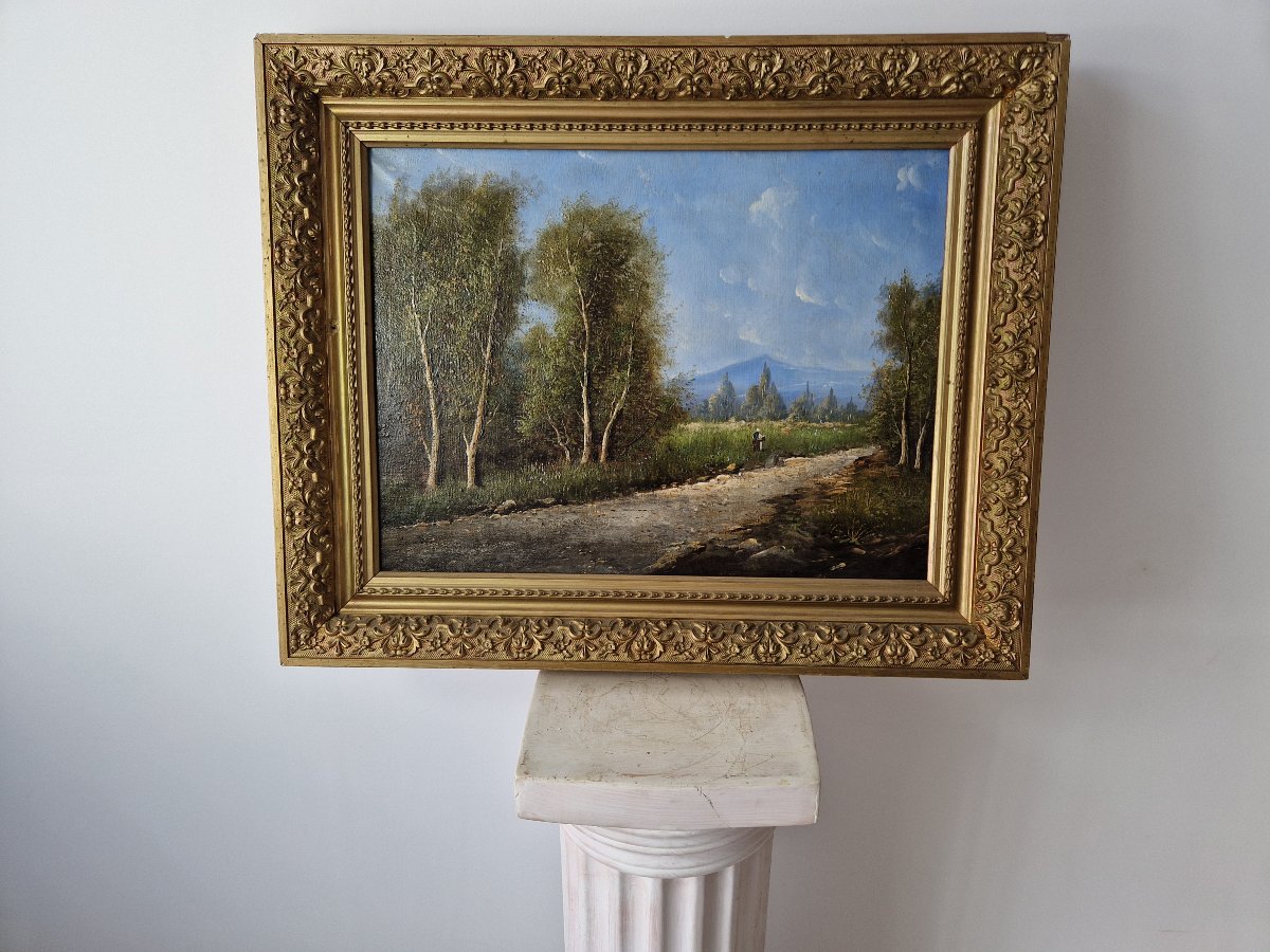 Peinture à l'huile ancienne du XIXe siècle, paysage signé Lambert-photo-2