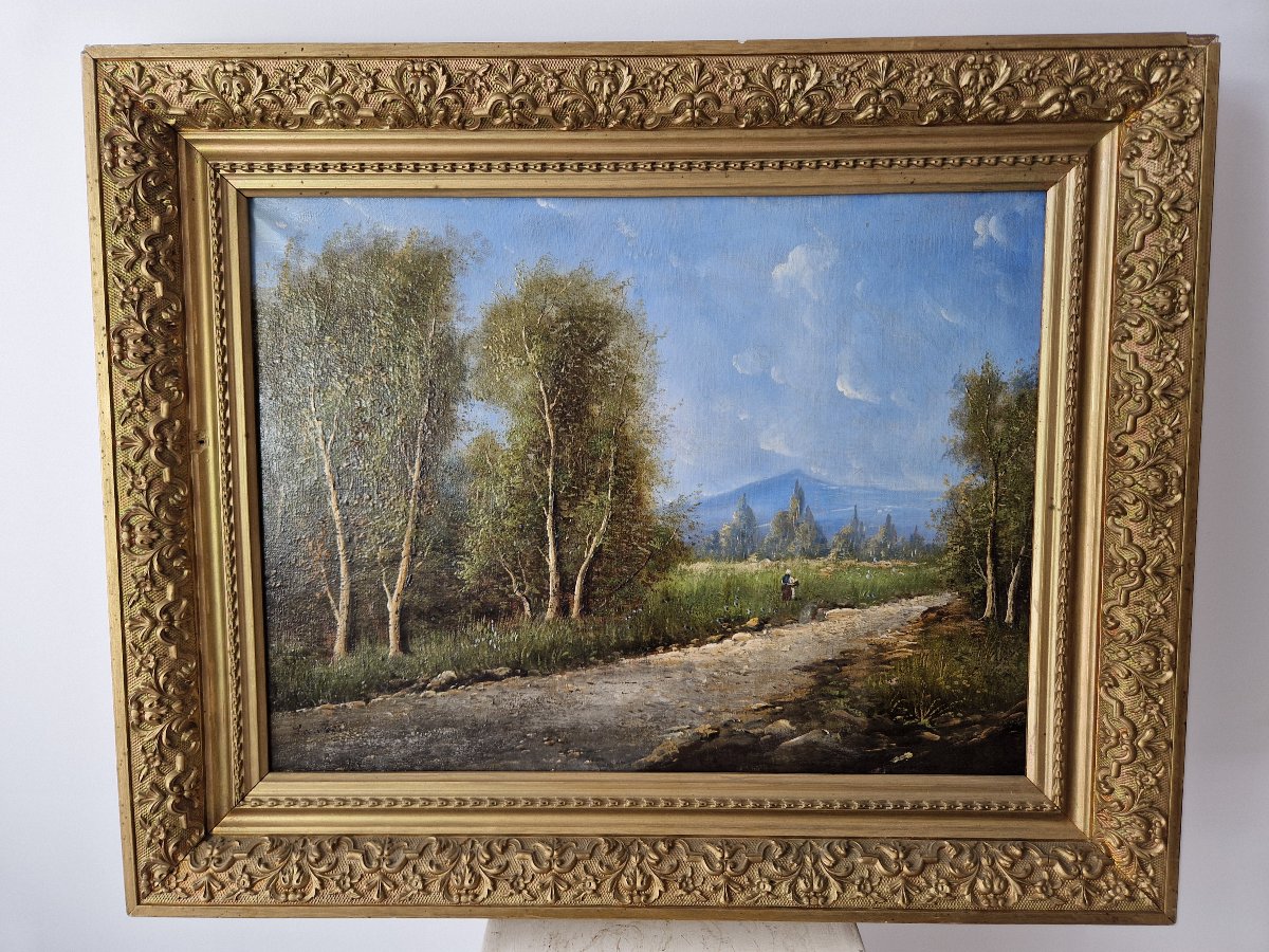 Peinture à l'huile ancienne du XIXe siècle, paysage signé Lambert-photo-3