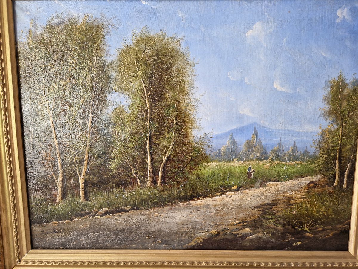 Peinture à l'huile ancienne du XIXe siècle, paysage signé Lambert-photo-4
