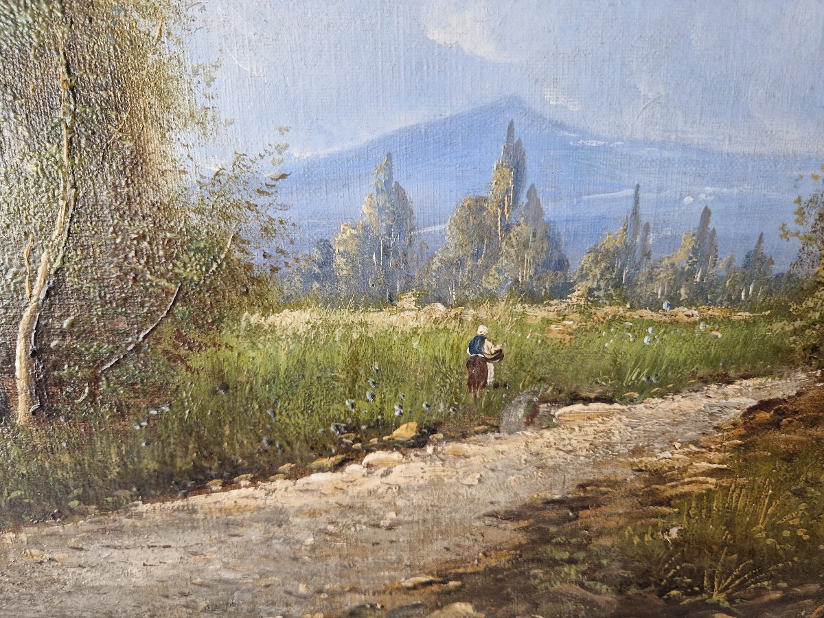 Peinture à l'huile ancienne du XIXe siècle, paysage signé Lambert-photo-1