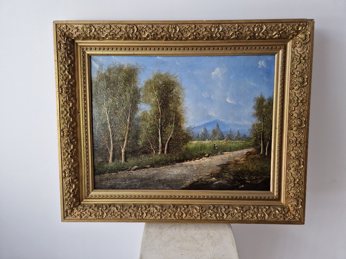 Peinture à l'huile ancienne du XIXe siècle, paysage signé Lambert