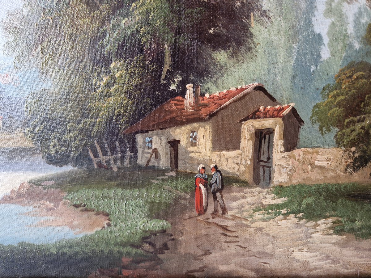 Peinture à l'huile ancienne du XIXe siècle représentant un paysage fluvial, signée Lambert.-photo-2