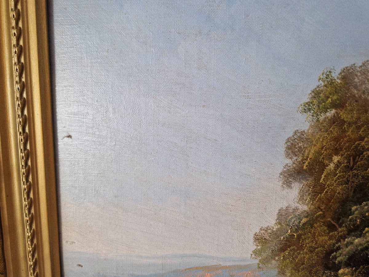 Peinture à l'huile ancienne du XIXe siècle représentant un paysage fluvial, signée Lambert.-photo-3
