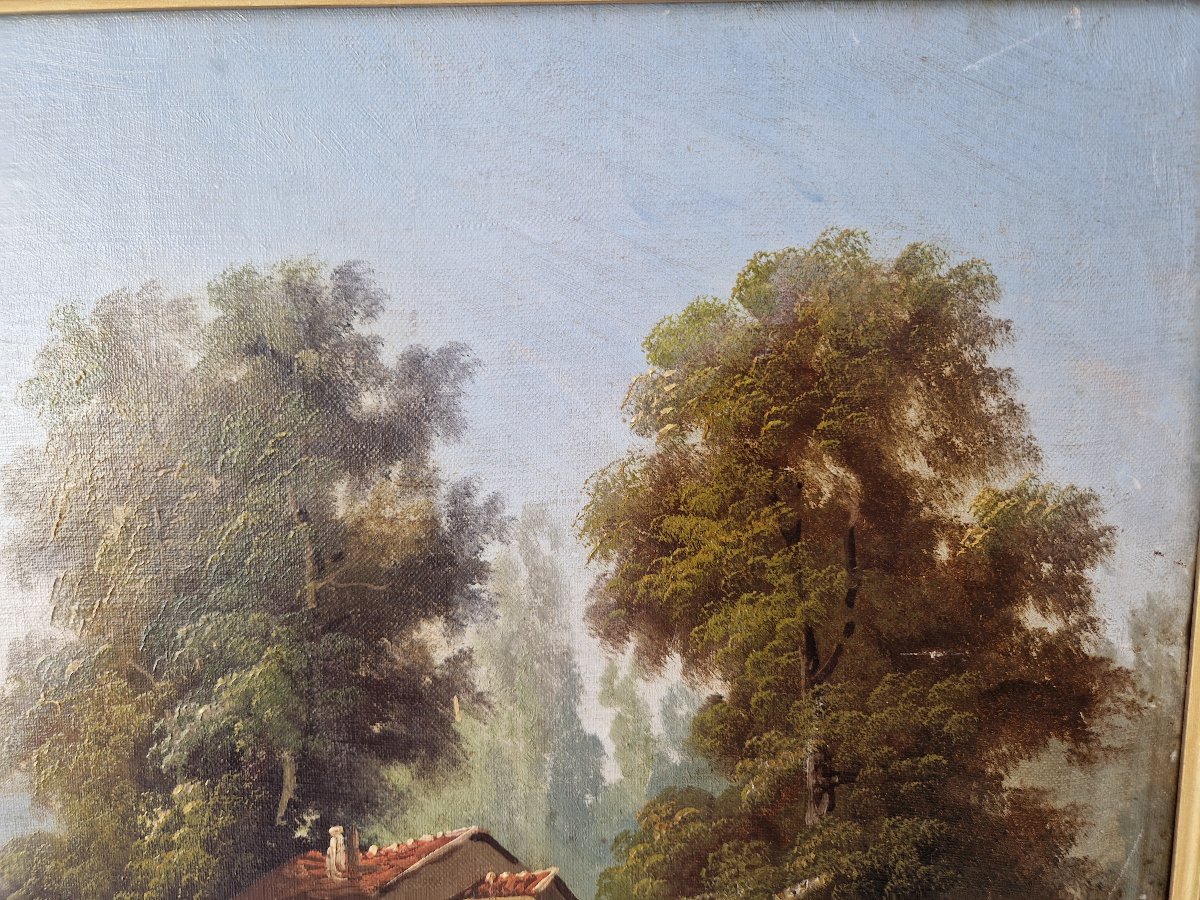 Peinture à l'huile ancienne du XIXe siècle représentant un paysage fluvial, signée Lambert.-photo-4