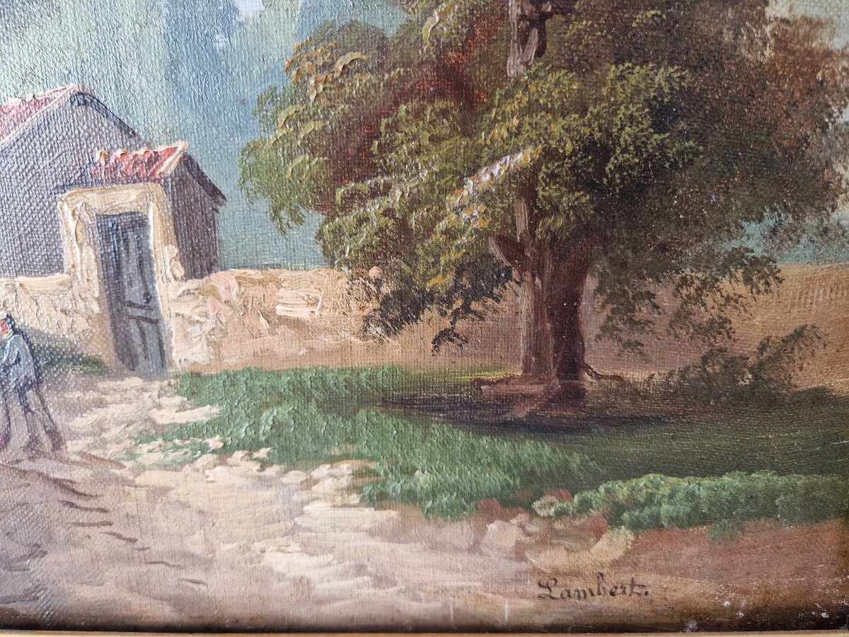 Peinture à l'huile ancienne du XIXe siècle représentant un paysage fluvial, signée Lambert.-photo-1