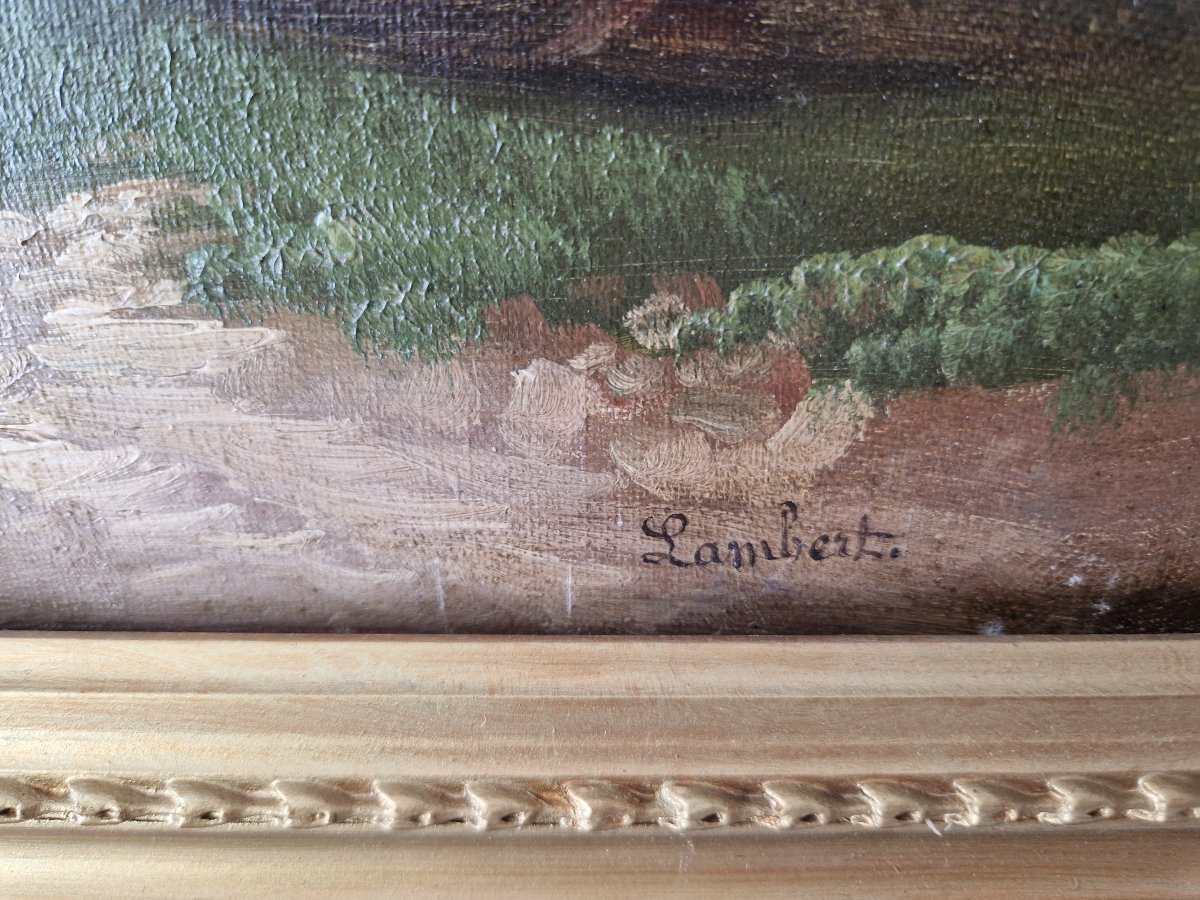 Peinture à l'huile ancienne du XIXe siècle représentant un paysage fluvial, signée Lambert.-photo-2