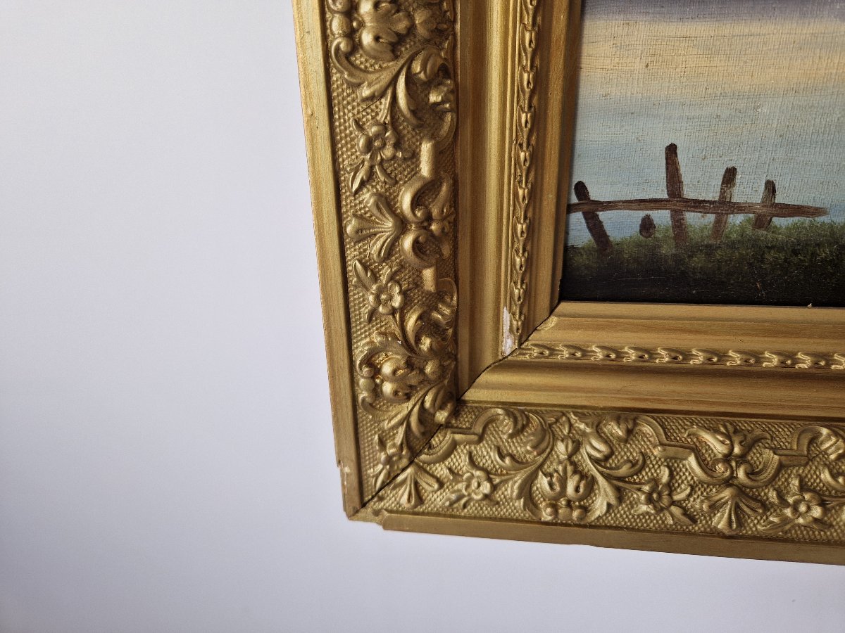 Peinture à l'huile ancienne du XIXe siècle représentant un paysage fluvial, signée Lambert.-photo-4