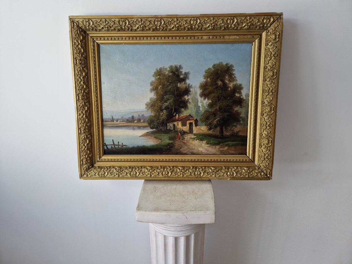 Peinture à l'huile ancienne du XIXe siècle représentant un paysage fluvial, signée Lambert.-photo-6