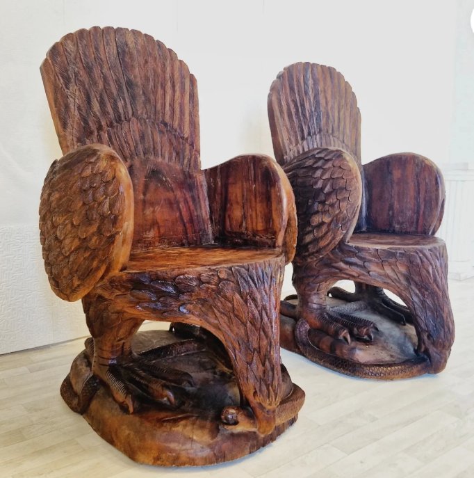 Pair Of Hand-carved Art Deco “throne” Armchairs Featuring Eagle Motifs -photo-2