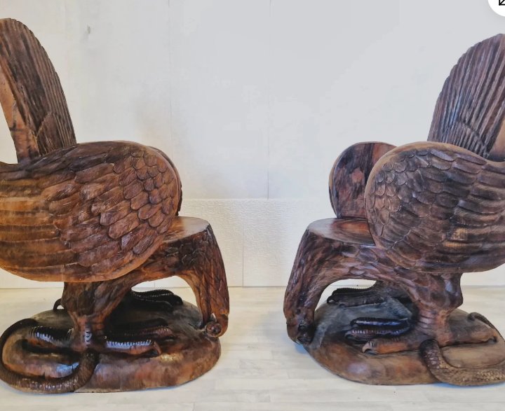 Pair Of Hand-carved Art Deco “throne” Armchairs Featuring Eagle Motifs -photo-3