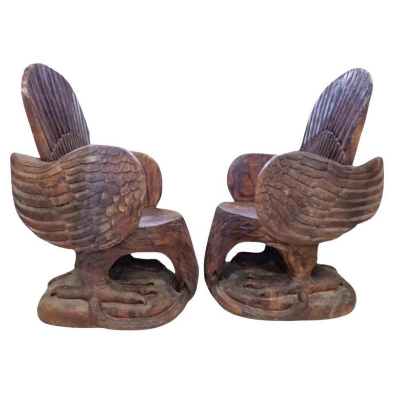 Pair Of Hand-carved Art Deco “throne” Armchairs Featuring Eagle Motifs -photo-6