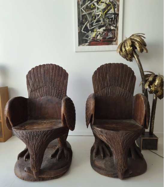 Pair Of Hand-carved Art Deco “throne” Armchairs Featuring Eagle Motifs 