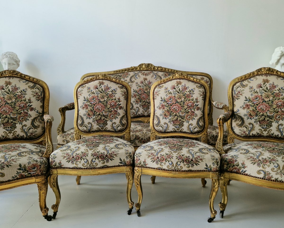 Ensemble de salon ancien français (canapé et fauteuils) – 5 pièces – XIXe siècle – Provenance :