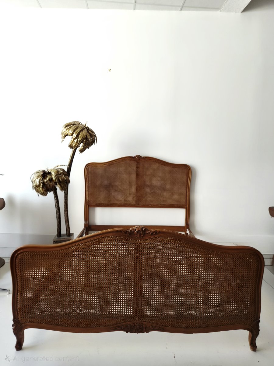 Lit français des années 1950 à double cannage, style Louis XV