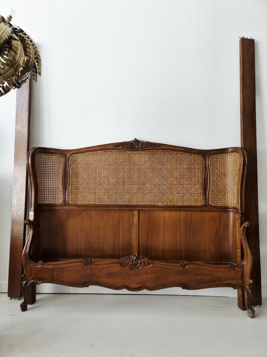 French Louis XV Style Caned Bed Carved Walnut Low Footboard-photo-2