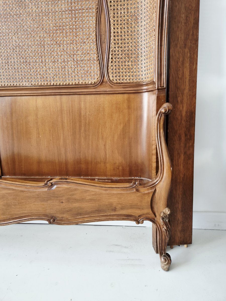 French Louis XV Style Caned Bed Carved Walnut Low Footboard-photo-1