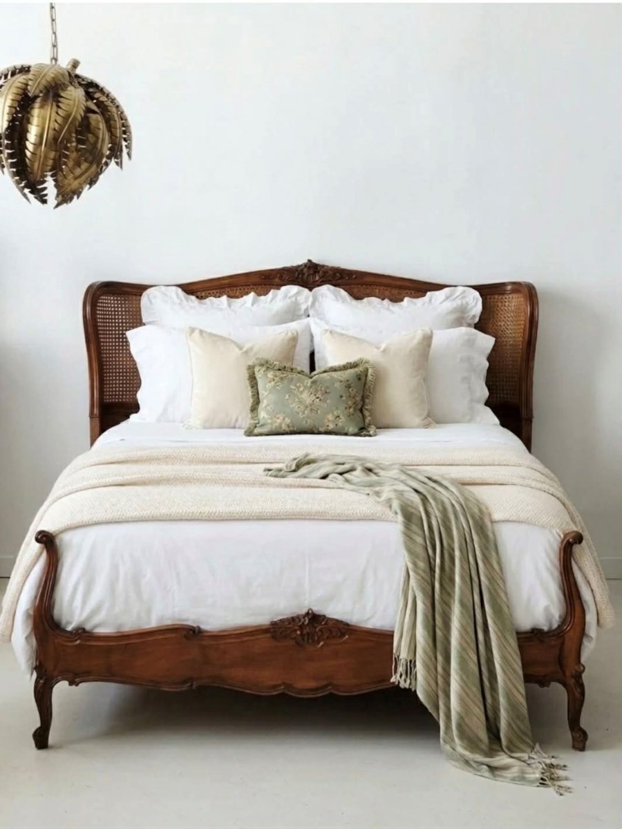French Louis XV Style Caned Bed Carved Walnut Low Footboard
