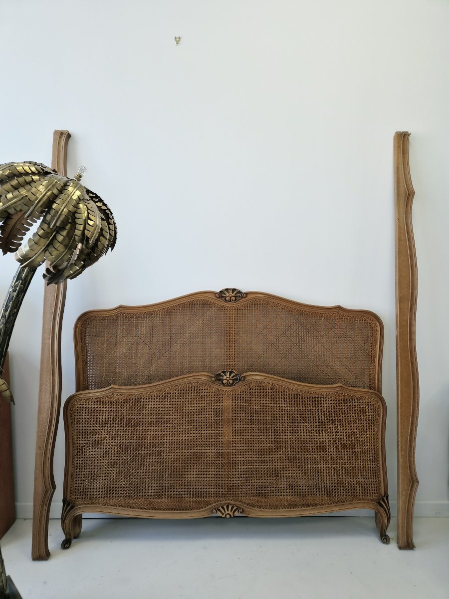 Lit double ancien français en cannage, style Louis XV-photo-2
