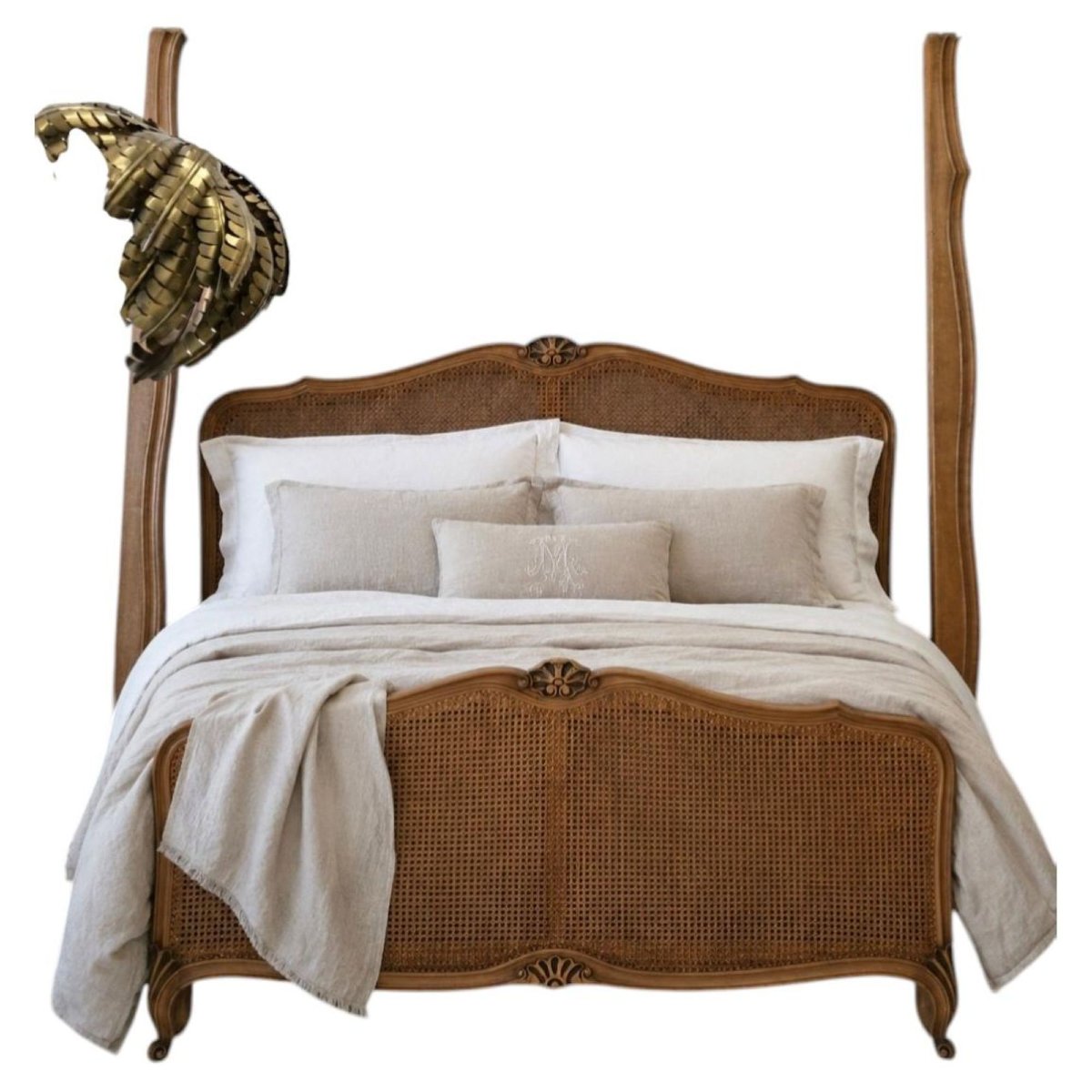 Lit double ancien français en cannage, style Louis XV