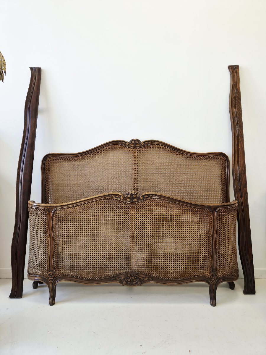 Antique Louis XV-style Double Caning Bed With Half-corbielle Design, France-photo-2