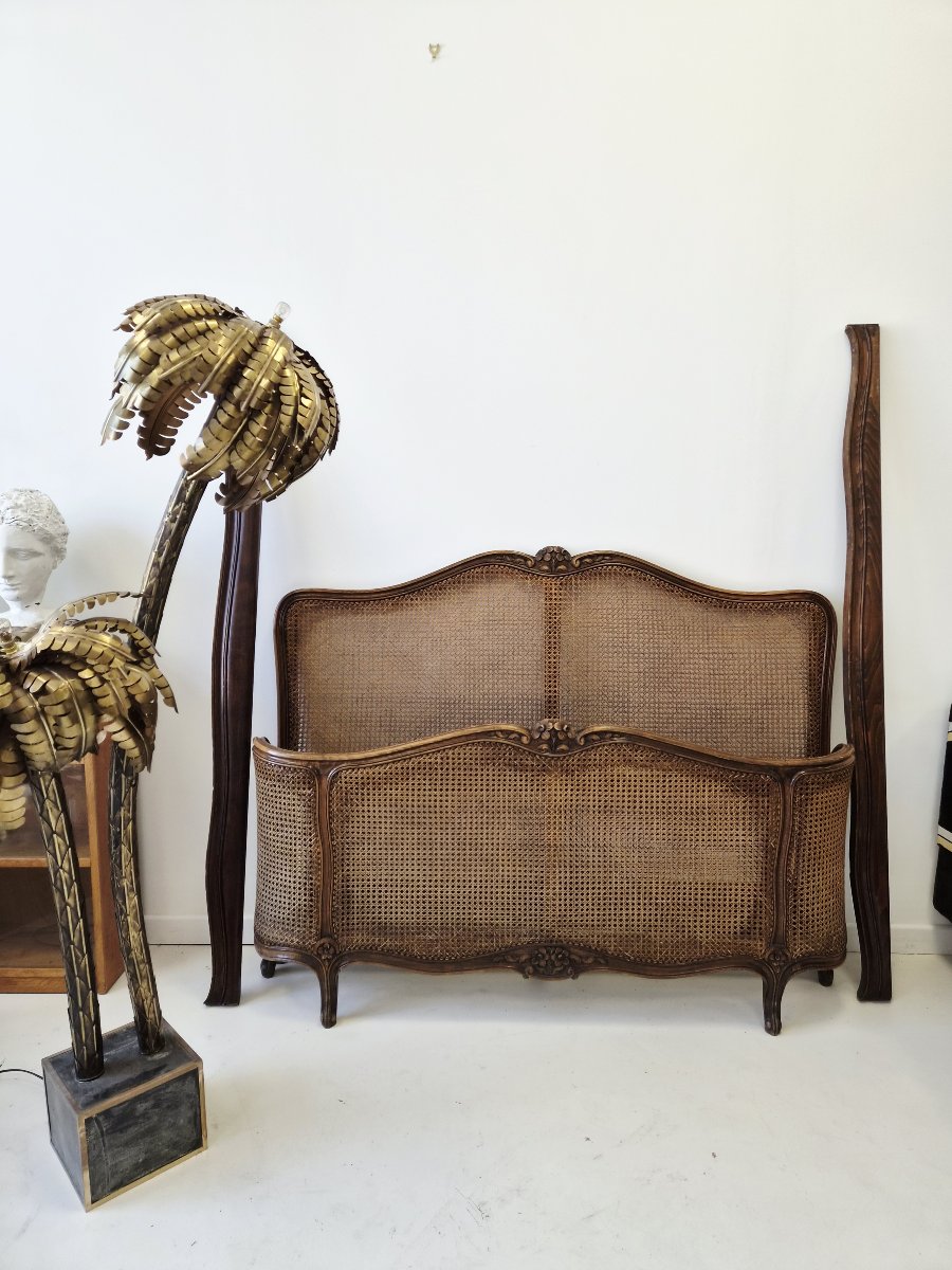 Antique Louis XV-style Double Caning Bed With Half-corbielle Design, France-photo-4