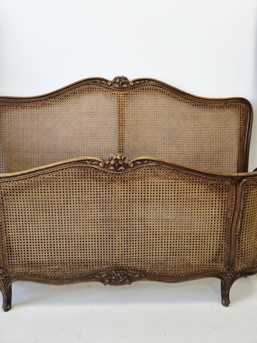 Antique Louis XV-style Double Caning Bed With Half-corbielle Design, France-photo-1