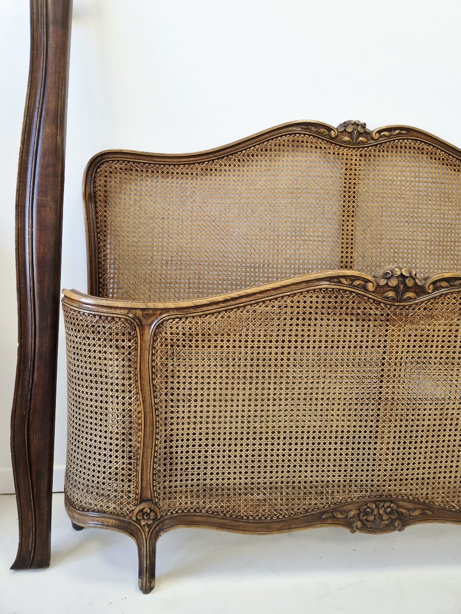 Antique Louis XV-style Double Caning Bed With Half-corbielle Design, France-photo-2