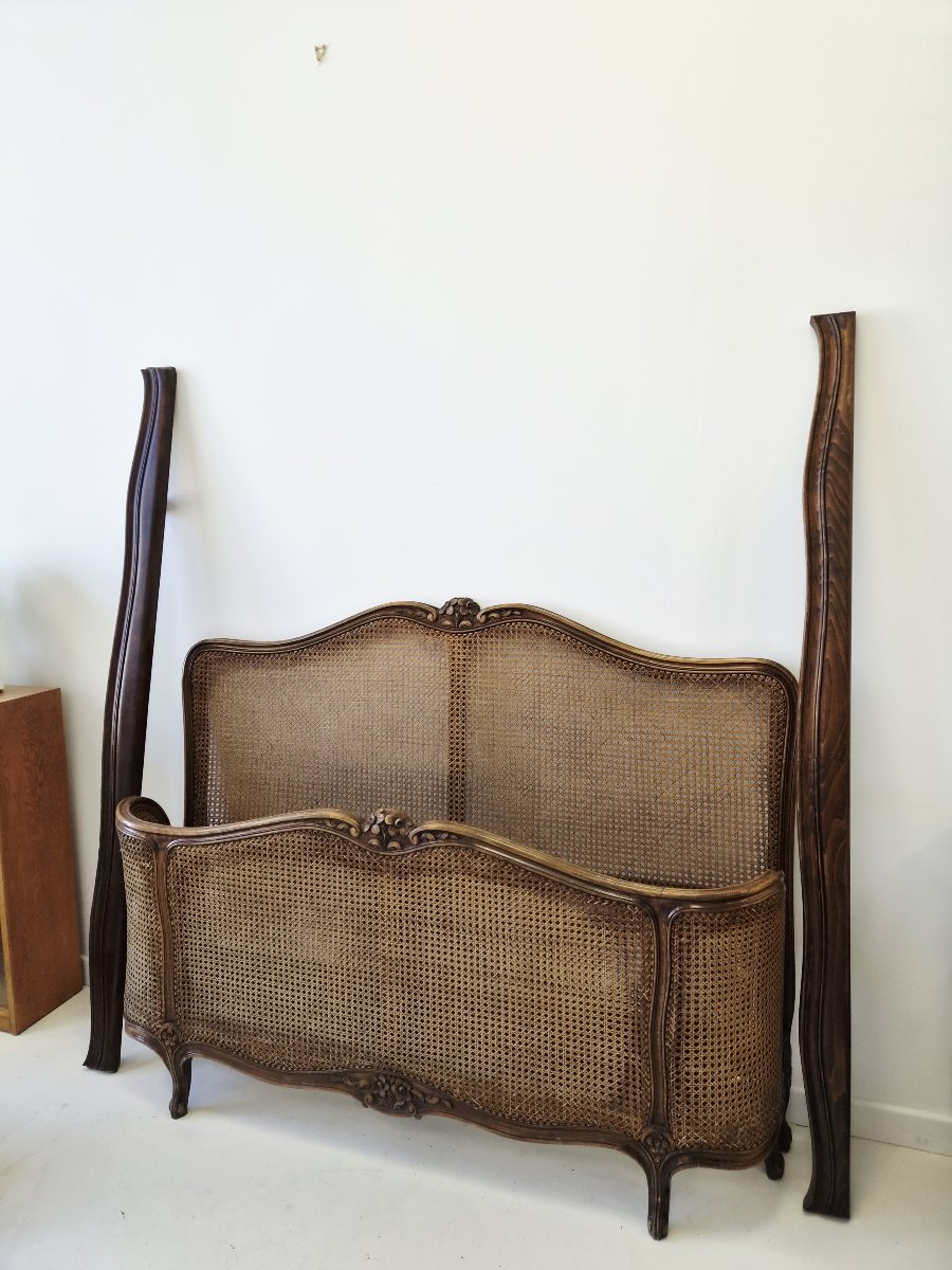 Antique Louis XV-style Double Caning Bed With Half-corbielle Design, France-photo-4