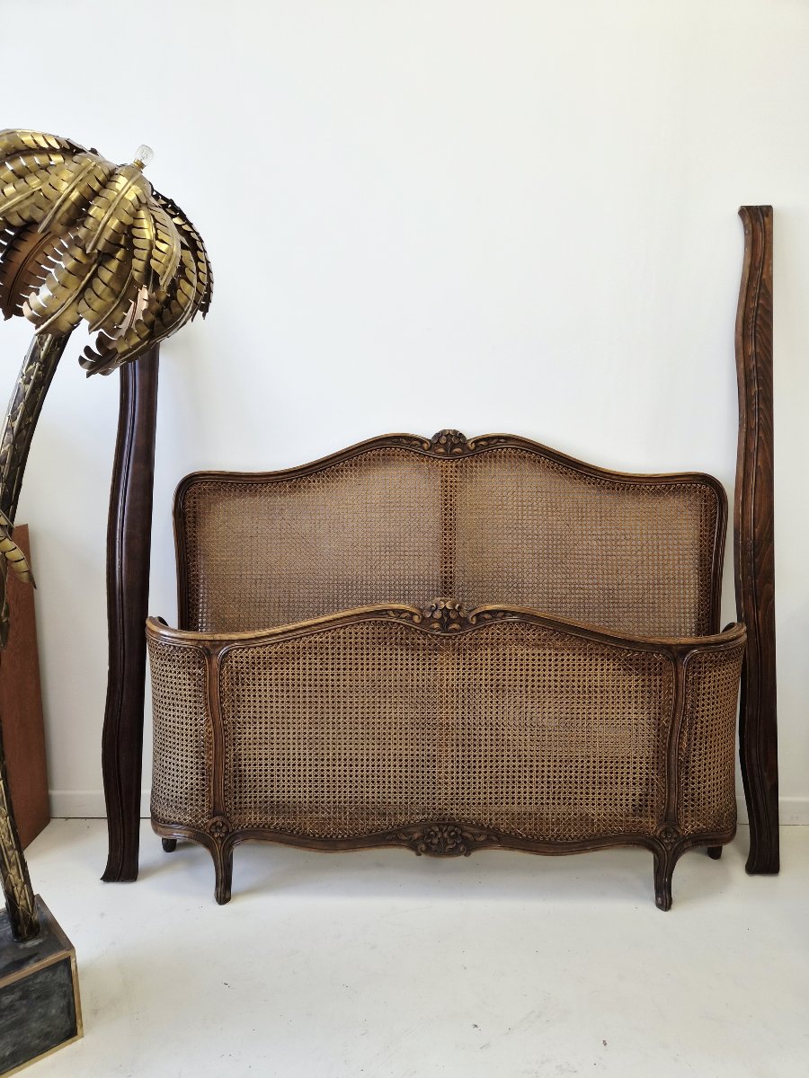 Antique Louis XV-style Double Caning Bed With Half-corbielle Design, France-photo-5