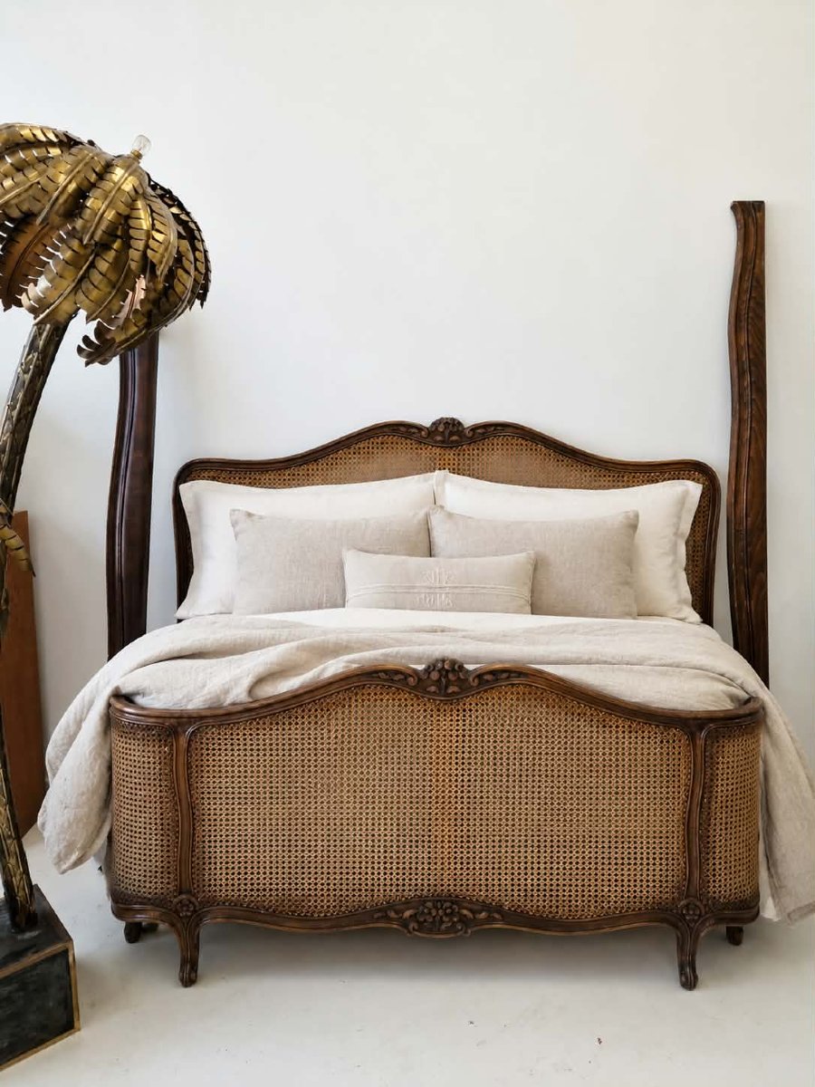 Antique Louis XV-style Double Caning Bed With Half-corbielle Design, France