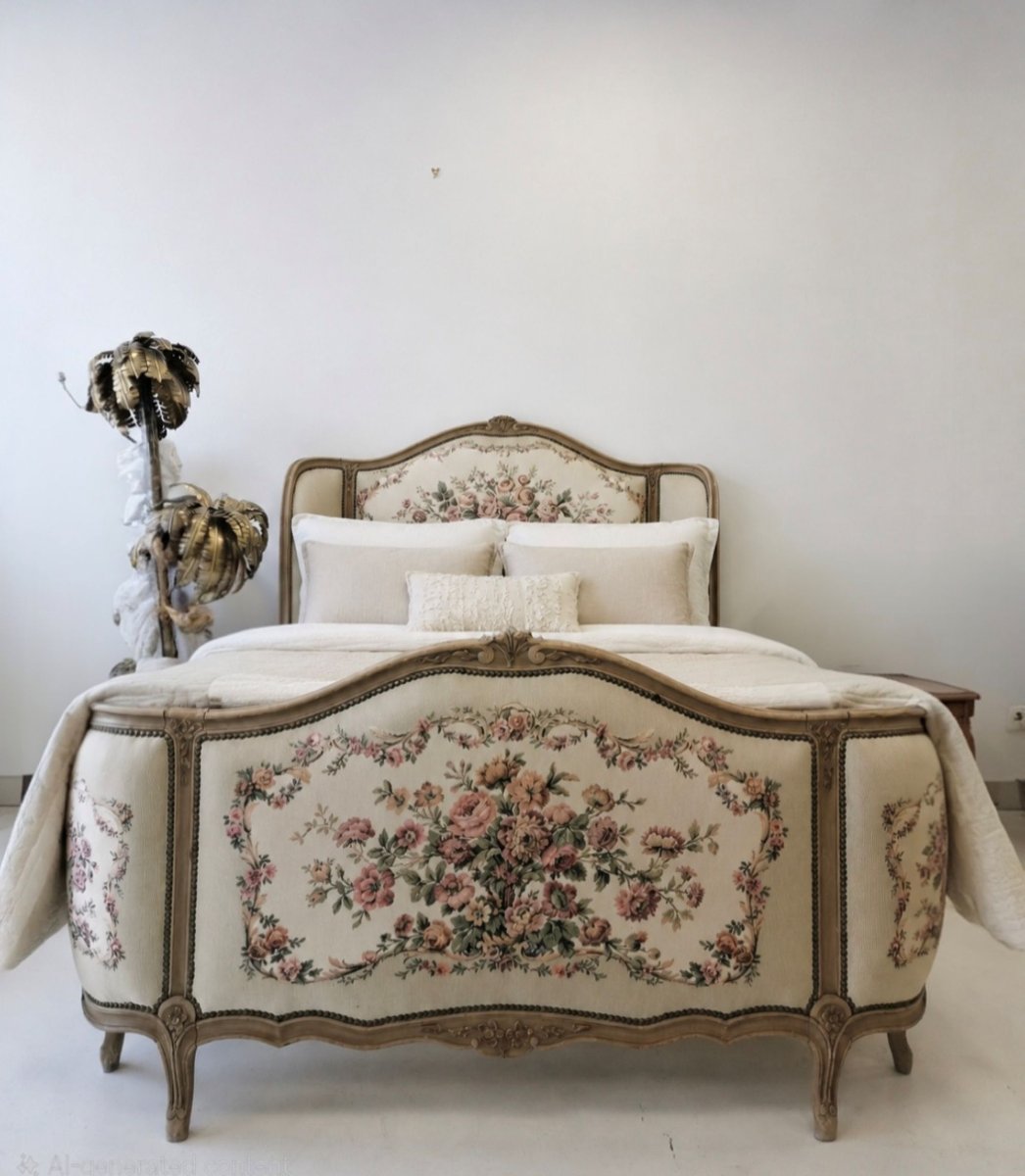 Lit corbeille Louis XV, tapissé, taille King (150 cm)