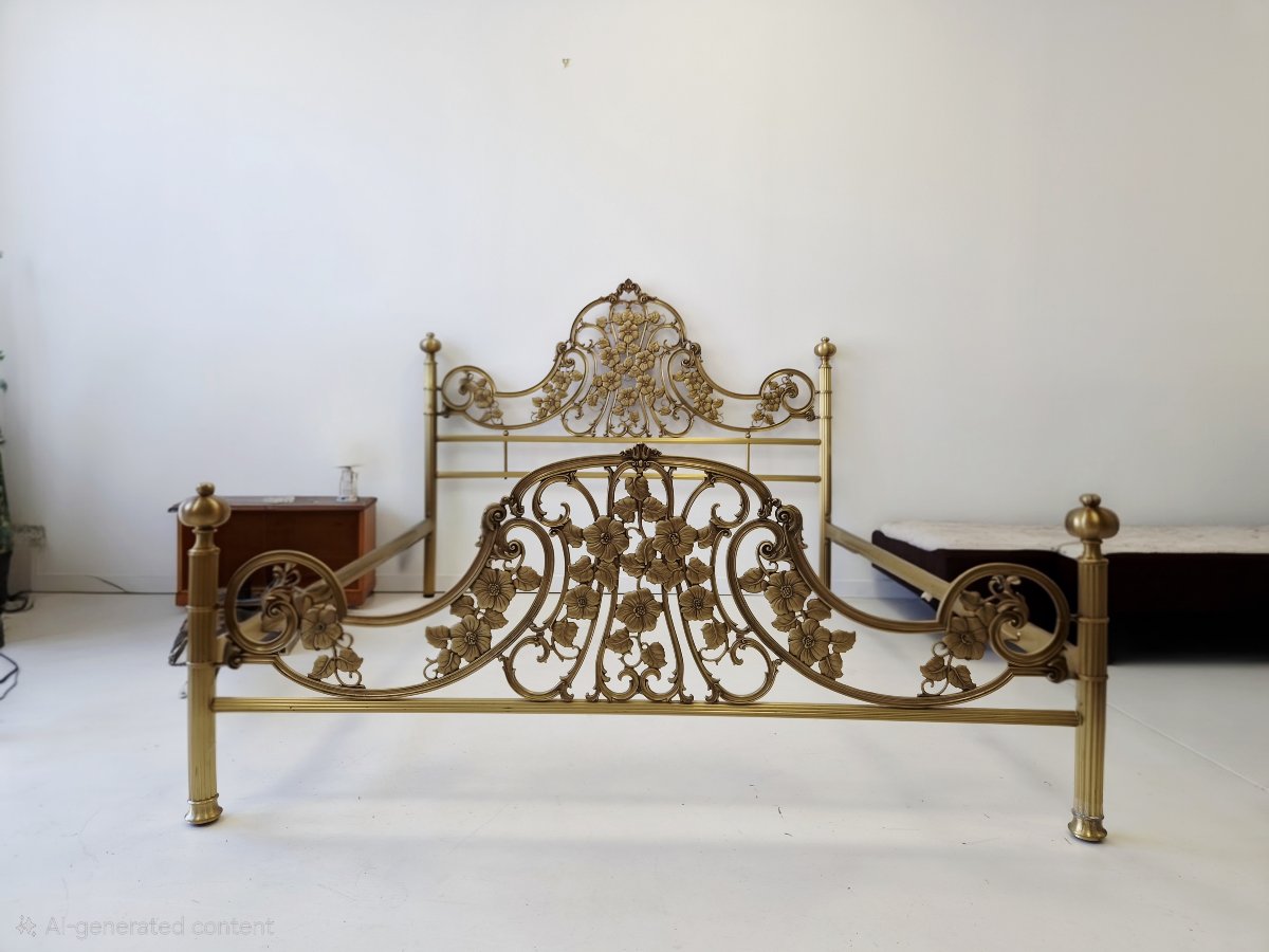 Cadre de lit ancien et ornementé en laiton moulé et bronze doré (style ormolu) – Taille EU King-photo-1
