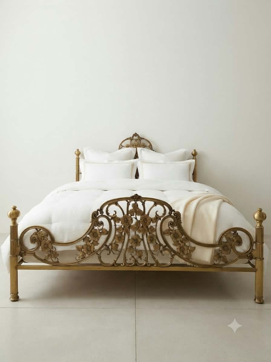 Cadre de lit ancien et ornementé en laiton moulé et bronze doré (style ormolu) – Taille EU King