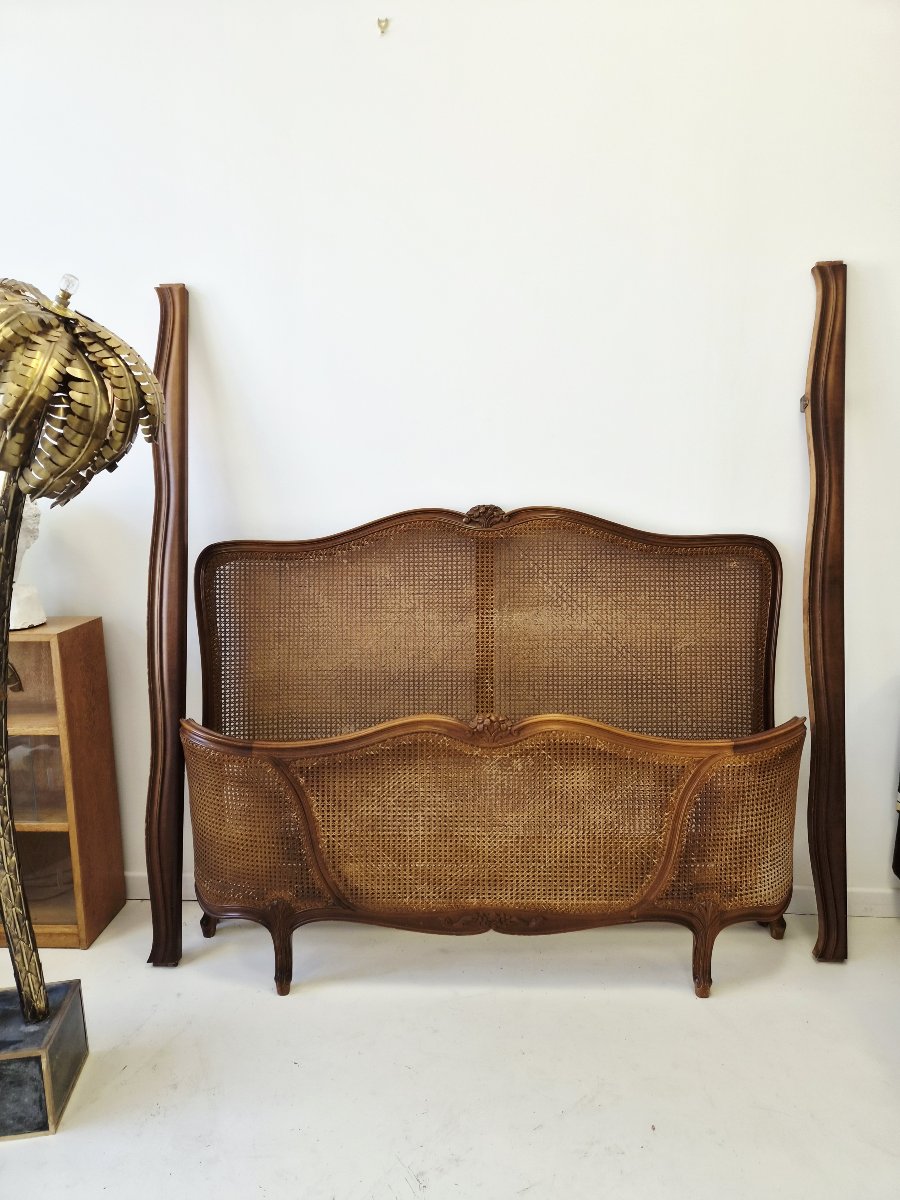 Antique French Louis XV-style Half-corbielle Caning Bed, Eu King Size-photo-2