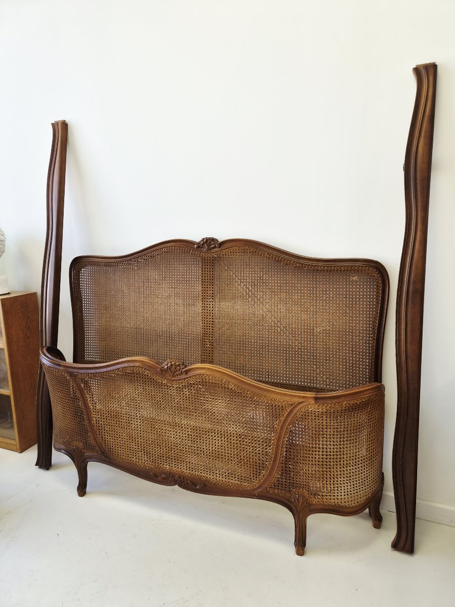 Antique French Louis XV-style Half-corbielle Caning Bed, Eu King Size-photo-3