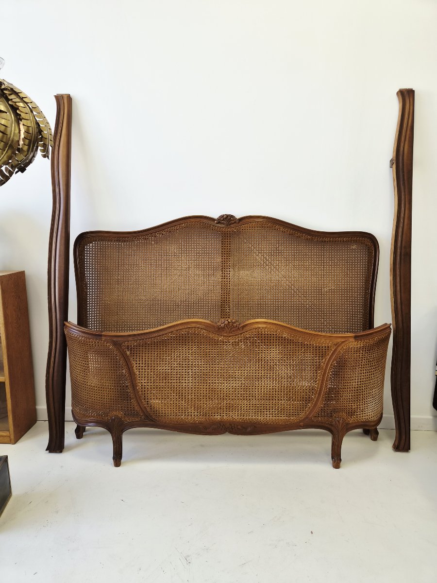 Antique French Louis XV-style Half-corbielle Caning Bed, Eu King Size-photo-4