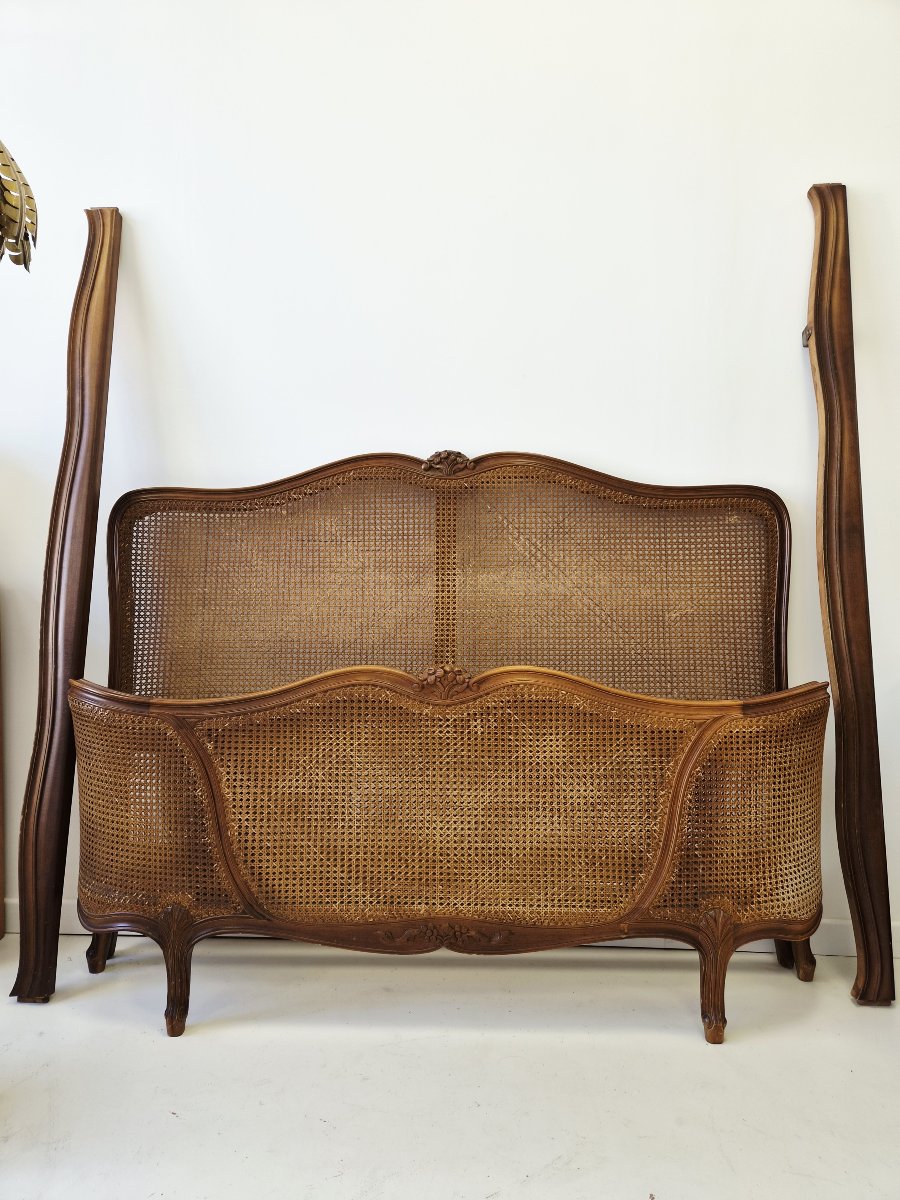 Antique French Louis XV-style Half-corbielle Caning Bed, Eu King Size-photo-1