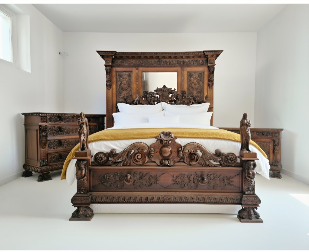 Renaissance Style Bedroom Set, King-size Bed In Carved Walnut, Italian Baroque -photo-2