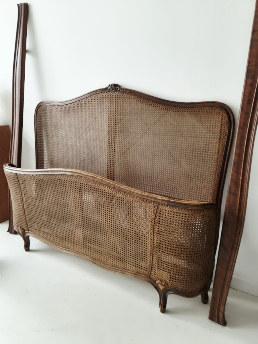 Antique French Cane Bed, Louis XV Style, “demi-corbeille” Model, Double Size.-photo-4