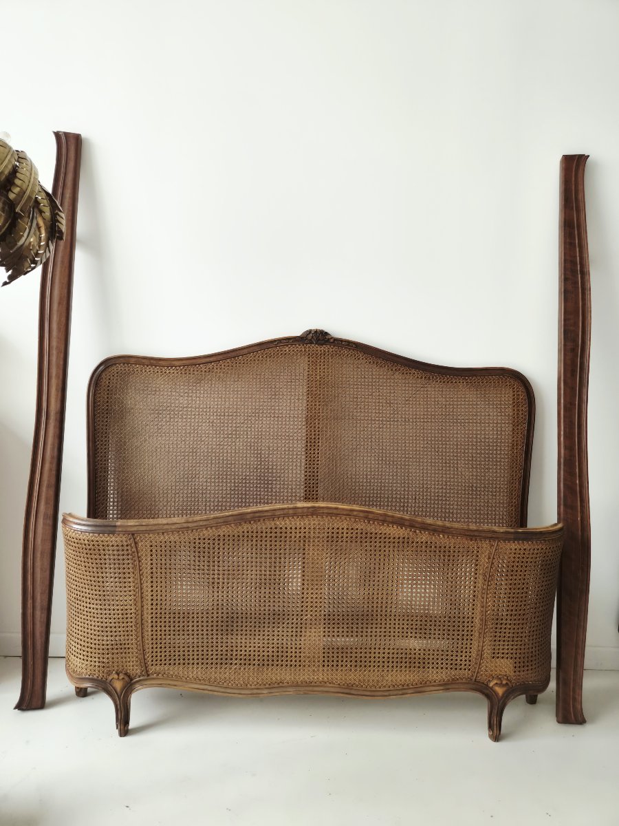 Antique French Cane Bed, Louis XV Style, “demi-corbeille” Model, Double Size.-photo-6