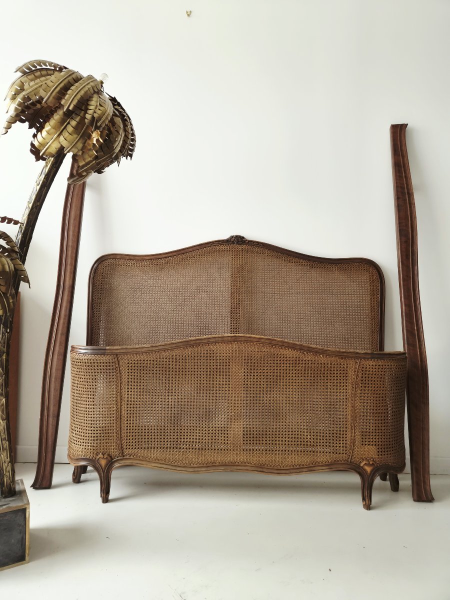 Antique French Cane Bed, Louis XV Style, “demi-corbeille” Model, Double Size.-photo-7