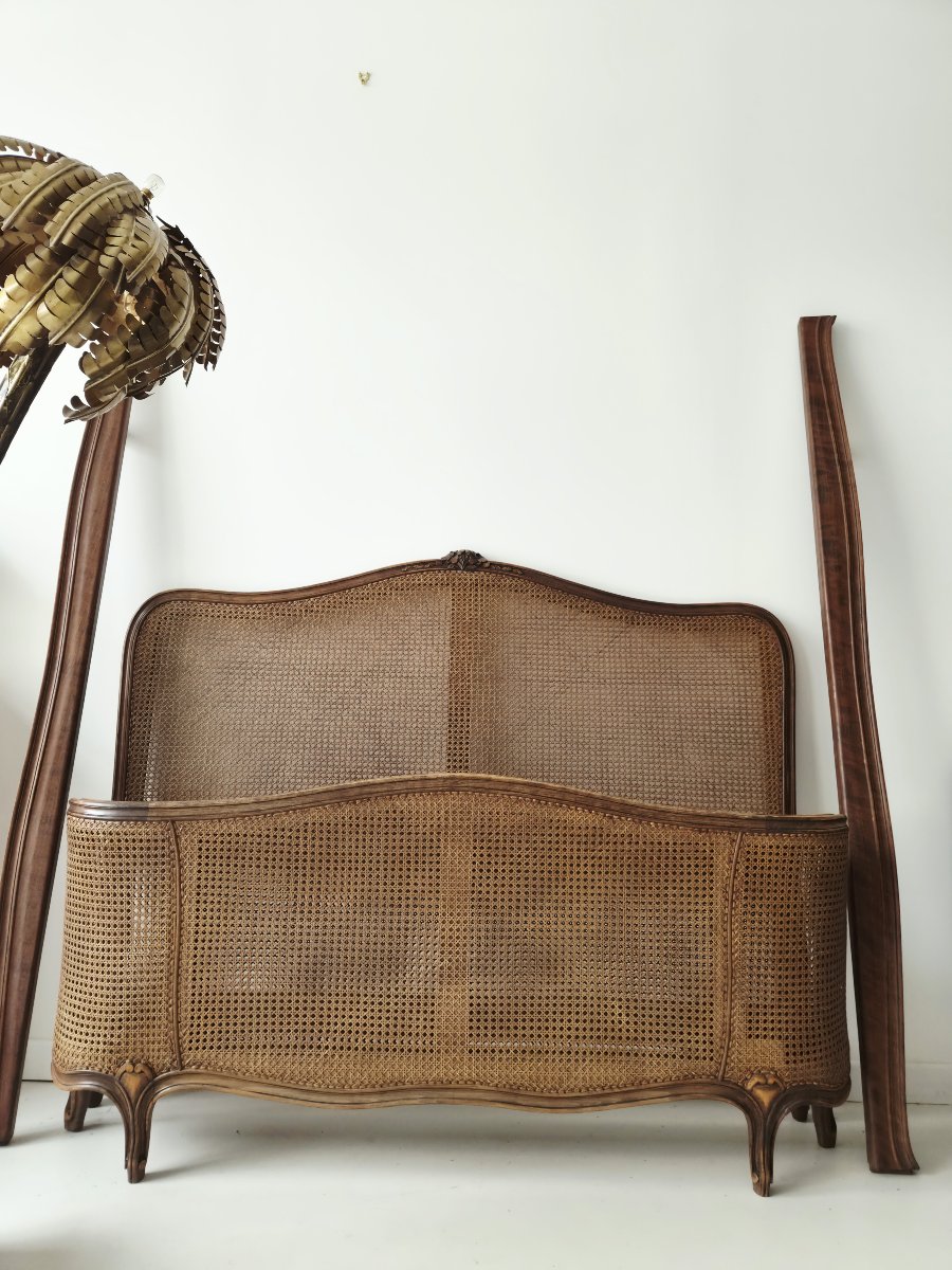 Antique French Cane Bed, Louis XV Style, “demi-corbeille” Model, Double Size.