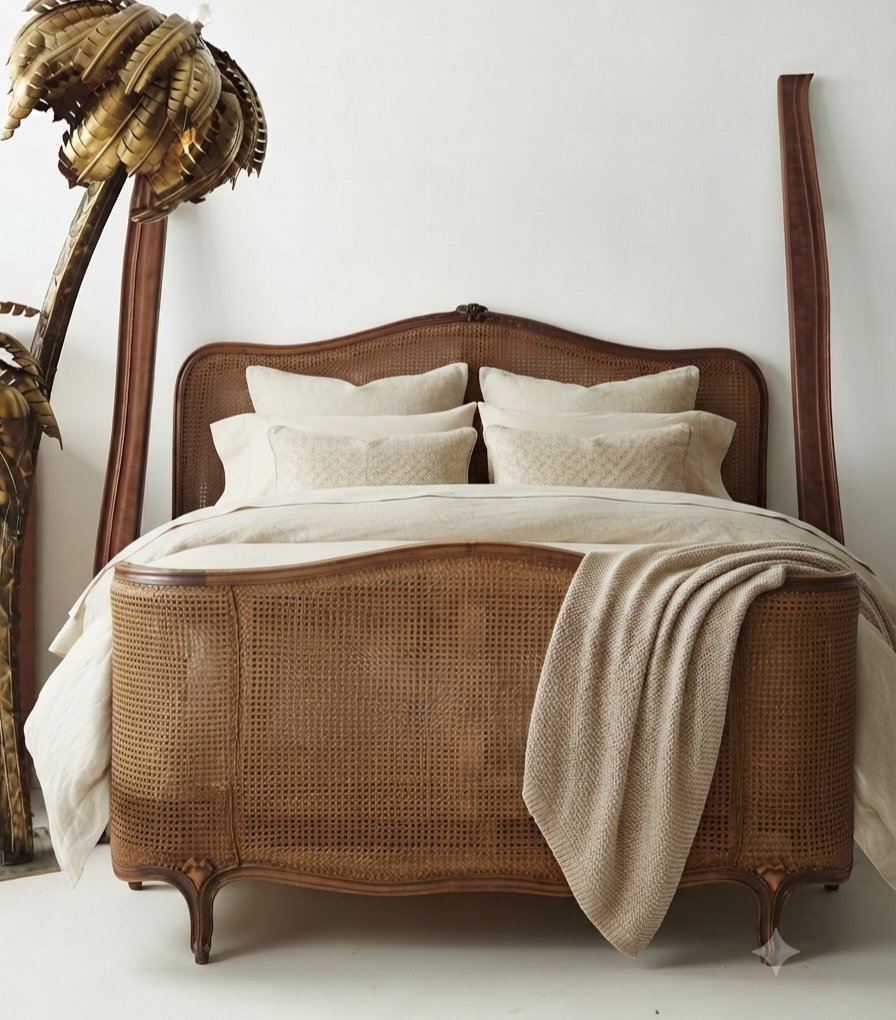 Lit Double En Canne Demi Corbielle De Style Louis XV, France
