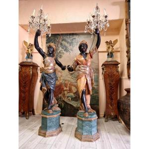 Paire de lampadaires maures en bois polychrome italien