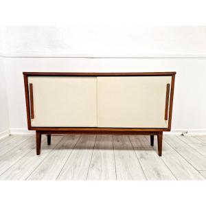 Vintage Swedish Teak Sideboard With White Synthetic Doors