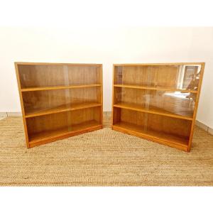 Paire de bibliothèques scolaires en chêne de style Mid-Century