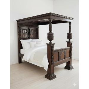 Lit à baldaquin jacobéen antique du XVIIe siècle Sainte