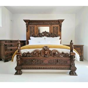 Ensemble de chambre à coucher Renaissance antique, lit king size